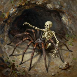 a giant spider and a human skeleton, the skeleton is mounting the spider, inside of a cave, oil painting