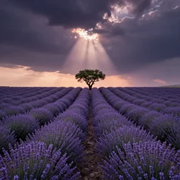 beautiful lavender field, a! single tree! on horizon in center, desaturated colors, sunset, dramatic sky, by charlie waite