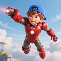 a 6 years old kid with ironman armor high up in the sky, the kid has short light brown curly hair, blue baseball cap on his head and a red nintendo switch light on one hand and use his repulsor on the other hand, artstation, intricate, high detailed.