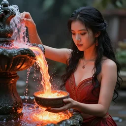 fountain with a woman with a bowl from where lava pours out, photorealistic, high detailed, sharp focus, lava fountain