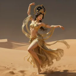a goddess dancing in the desert, glowing eyes, fantasy, intricate and very beautiful and elegant, highly detailed, digital painting, artstation, concept art, smooth and sharp focus, illustration, art by tan zi and ayanamikodon and alphonse mucha and wlop