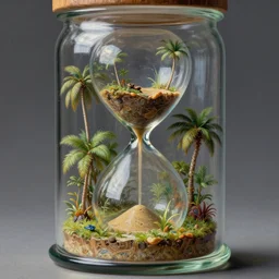 a tropical island inside a glass jar!! hourglass, intricate, highly detailed, volumentric lighting, hyperrealistic, oil painting by greg rutkowski, artgerm, wlop