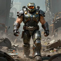 a beefy bulky body builder warrior walking in a cyberpunk wasteland facing the camera, mjolnir armor from halo infinite without a helmet!!!!!!!!!!!!!!!!!!!!!!!!!, intricate, female face features!!!!!!!!!!!!!!!!!!!!!!!!!!!!!!!, 8K, octane render, Digital painting, concept art, illustration, sharp focus, centered, good value control, realistic shading, rational painting, rubber undersuit