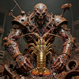 movie still of lava lobster arms, fossil bodied hodge podge, in chaotic dreamed insanity, intricately macerated by age, sentient, dethroned goliath machine, blood turbines, hydrocracking battles, rusted, macerated, eviscerated by fimbria wires, bicornate fungal pit, brass sheen rotting, by alberto bontempi, jack kirby, alex