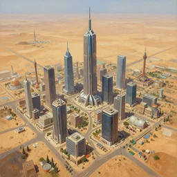 highly detailed painting view from bird's eye lively small but tall town with skyscrapers and factories in the middle of endless empty desert trending on Artstation, futuristic, sci-fi, 4K, high quality