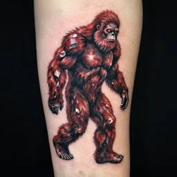 tattoo of bigfoot with a shining crystal slightly spooky, red, white, and black ink, hyperdetailed, realistic