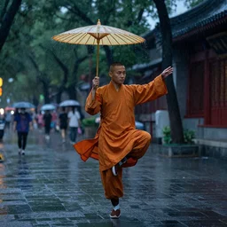 a shaolin monk, dancing in the rain with an umbrella, beijing street, evening, kodak dlsr