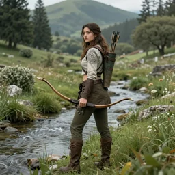 a beautiful female fantasy dnd ranger standing by a stream in a lush valley, bow on her back, quiver filled with arrows, fine digital art, extreme detail, highly complex, very intricate, volumetric lighting, long grass, bushes, trees