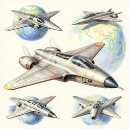concept sketches of a retro futurism space fighter on another world by greg rutkowski| thomas kincade:.2 | Tim white:.3 | Rodney Mathews:.5 | Graphic Novel, Visual Novel, Colored Pencil, Comic Book:.2
