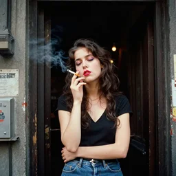 morning, entrance to a ghetto bar in new york, 2 0 0 0 s, tired young woman with bright makeup smoking a cigarette, high detail, photorealistic, color old photo style