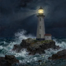 painting of light house rocky coast stormy seas night time lighthouse illuminating the dark volumetric lighting in the style of thomas cole course of empires