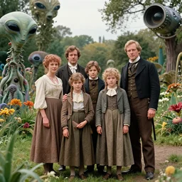 sharp, highly detailed, 43456k film, 181800mm film still from a sci fi blockbuster color movie made in 2019, set in 1860, of a family standing in a park, next to some strange alien plants and flowers, on an alien planet, the family are all wearing 1860s era clothes, good lighting, ultra high definition, ultra enhanced faces, in focus, 35mm macro lens