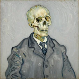 detailed expressionist oil painting portrait by van gogh of a skeleton in a suit, a tall formal skeleton in suit and tie, expressionist portrait, color scheme of greys and whites, 8 k resolution, smooth, sharp focus