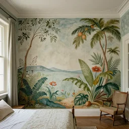 a bedroom decorated with wall murals painted by bosch, 4 k