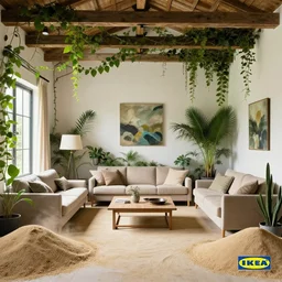 IKEA catalogue photo, high end farm house style living room, sand piled in corners, dust, organic, vines, overgrown, tropical, by Beksiński