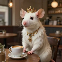 photography of a female anthropomorphic albino rat hipster fursona sitting in a coffee shop, deep focus, d & d, fantasy, intricate, elegant, highly detailed, digital painting, artstation, concept art, matte, sharp focus, illustration, hearthstone, art by artgerm and greg rutkowski and alphonse mucha