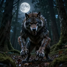 under the full silver moon jim varney transforms into a werewolf and hungry for feeding with sharp teeth and claws in the forest full hd stunning creepy photograph