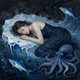 a female art student falling asleep, misty, iceberg, black paint, dark, sensual, dreamy, waves, swirls, blue drips, fish, blueberries, octopus, neo - impressionist, surrealism