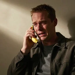 dexter morgan crying while using a banana phone, photorealistic, realism, banana phone