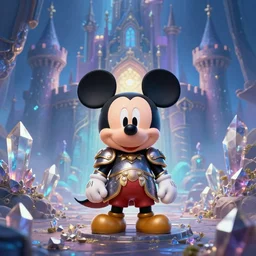 an enchanted tiny mickey mouse in armor standing at the foot of a mystical isekai castle. crystal ore mines. hyper kawaii cute. by greg rutkowski, in the style of a grand adventure, extremely artistic