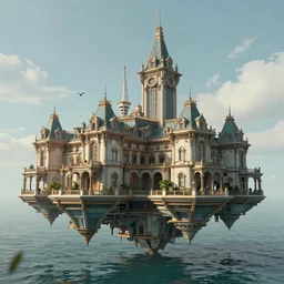 a beautiful photography of a futuristic floating city on water, victorian architecture, 8k textures, highly realistic