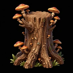 a gnarled ancient wooden tree stump with mushrooms growing out of it, organic, highly detailed, concept art, sprite from a gorgeous indie platform game, on a black background