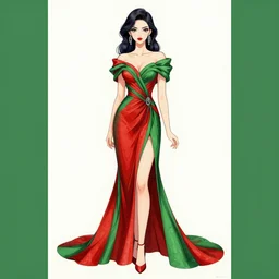 gorgeous woman with silver earrings, wearing an elegant dress, full body drawing, red and green colors, in the style of greg rutkowski, anime artstyle, intricate
