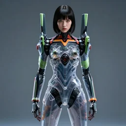 medium format fine art portrait mid shot minimal fashion model cyborg girl mecha suit by ilm and bill sienkiewicz, mgxs, evangelion, transparent plastic armor, studio, mamiya 6 5 mm, iso 4 0 0, f / 5. 6, 8 k photorealistic, studio lighting, studio, high details, dramatic, manga, trending on artstation