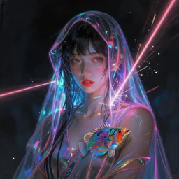awe-inspiring award-winning concept art full body face portrait painting of lithe, petite, innocent, cute, attractive anglerfish cyberpunk Ashley Liao in neon shrouds as the goddess of lasers, sparks, by Julie Bell, Jean Delville, Virgil Finlay, Alphonse Mucha, Ayami Kojima, Amano, Charlie Bowater, Karol Bak, Greg Hildebrandt, Jean Delville, Frank Frazetta, Peter Kemp, and Pierre Puvis de Chavannesa, extremely moody lighting, glowing light and shadow, atmospheric, shadowy, cinematic, 8K,