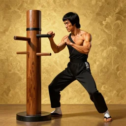 bruce lee training with wooden dummy at temple dojo intricate, elegant, highly detailed, digital painting, artstation, concept art, matte, sharp focus, illustration gold filigree wallpaper