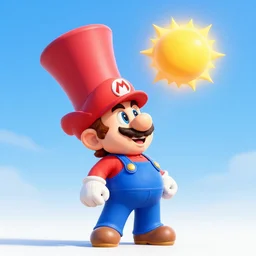 Mario (Super Mario Bros) wearing a very very very tall top-hat that is so tall it touches the sun.