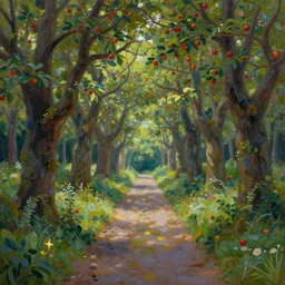 a painting of a path leading to a mystical forest full of wonders, apple trees, magical atmosphere, trending on artstation, 30mm, by Noah Bradley