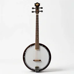 translucent banjo, photorealistic, isolated on a pure white background, centered, entire object in frame, sharp focus, soft studio lighting