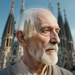 portrait photo of an old male mystic'face merging with a cathedral building, etheric, emotionally evoking symbolic metaphors, head in focus, ornamental, intricate, elegant, golden ratio, sharp focus, art by ernst haeckel, john william godward, gustav klimt,