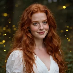 portrait of a young woman, among the lights of golden fireflies and nature, long loose red hair, intricate details, green eyes, hint of freckles, round gentle face, happy, gorgeous white dress, deep focus, smooth, sharp, golden ratio, hyper realistic digital art by artemisia lomi gentileschi and caravaggio and artgerm