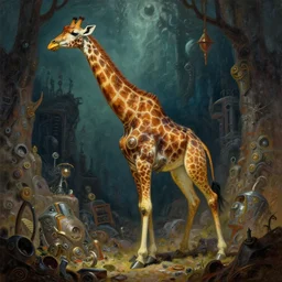 proud and mighty anthro giraffe girl fursona adventurer with spotted fur and long armored legs is hunting for treasures in the grimdarkest dungeon depths, enchanted magical fantasy cyberpunk. oil painting, by james gurney, dan mumford, wayne reynolds, ron spencer, gustave dore
