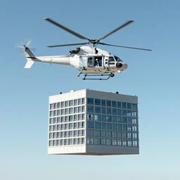 a building suspended above ground by helicopters