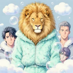 aesthetic portrait commission of a albino male furry anthro lion surrounded by floating bubbles and floating puffy clouds while wearing a cute mint colored cozy soft pastel winter outfit with shiny pearls on it, winter Atmosphere. Character design by charlie bowater, ross tran, artgerm, and makoto shinkai, detailed, inked, western comic book art, 2021 award winning painting