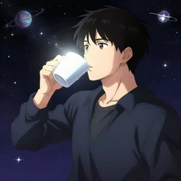 A man drinking a cup of cosmic energy bright light, illustration, anime style, Artgerm, 4k, digital art, surreal, anime style, space dandy style, highly detailed, godsend, artstation, digital painting, concept art, smooth, sharp focus, illustration by Ruan Jia and Mandy Jurgens and William-Adolphe Bouguereau, Artgerm