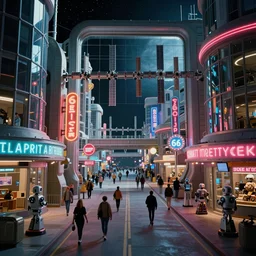 space station city with route 6 6, americana architecture, streets and neon signs, happy people walking and retro robots, huge glass windows, space, wide angle photo, incredible composition, detailed, kodachrome