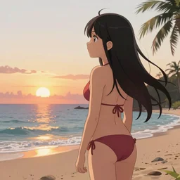 beautiful anime girl in a bikini watching the sunset on a beach