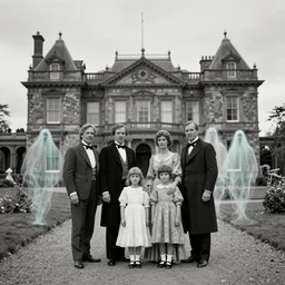 vintage photograph of wealthy victorian mansion with family, ghost images and ectoplasm in the background, ghost hunting photograph