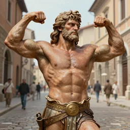 a highly detailed matte portrait painting of a hercules, on a roman street, flexing his muscles, in the style of greg rutkowski and alphonse mucha, digital art, sharp focus, highly realistic, octane render