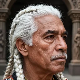 closeup headshot photo of the Native Venezuelan man, braids, pure white hair, dungeon background and photography by Gregory Crewdson