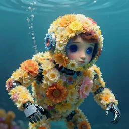 an underwater close up of a robot made of flowers, a character portrait by vladimir tretchikoff, cgsociety, digital art, made of flowers, digital painting
