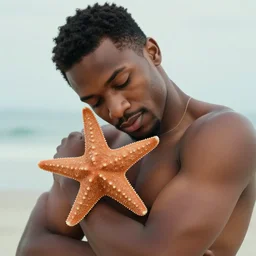 a photo of a light skinned black man, in his mid 2 0 s, with short curly hair, lovingly hugging his beloved starfish. 5 0 mm lens, f 1. 8.