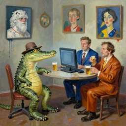 a crocodile with shoes and hat looking at two men in costume drinking beer with computer and joakim ojanen and robert crumb and hilma af klint and philip guston, psychological, photorealistic, dripping paint, washy brush, rendered in octane, altermodern, masterpiece