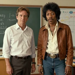 Twin Peaks artwork by Michael Whelan and Tomer Hanuka, Rendering of Jimi Hendrix as the school teacher in Twin Peaks, from a scene from Twin Peaks, clean, full of detail, Matte painting, trending on artstation and unreal engine