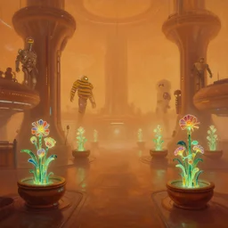 a minimalist bioluminescent oil painting by donato giancola, warm coloured, cinematic scifi luxurious futuristic foggy steam filled spaceport awaiting transit to space with microscopy stained glass flowers growing out of pretty bulbous ceramic fountains, gigantic pillars and flowers, maschinen krieger, beeple, star trek, star wars, ilm, star citizen, mass effect, artstation, atmospheric perspective