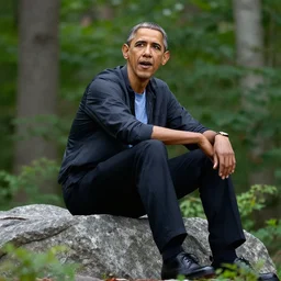 a photograph of barack obama sitting on a rock, forest environment, hd, 3 0 mm,